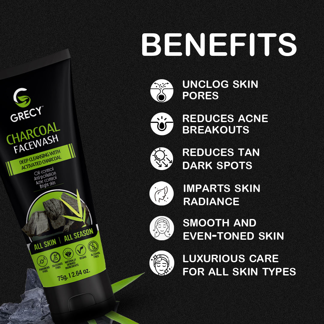 Grecy Charcoal Facewash For Deep Cleansing with Activated Charcoal Men & Women All Skin Types Face Wash  (75 g)