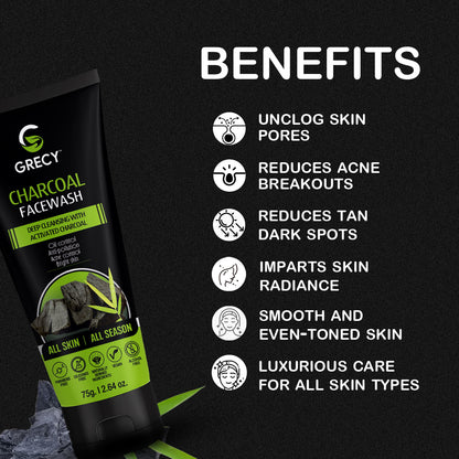 Grecy Charcoal Facewash For Deep Cleansing with Activated Charcoal Men & Women All Skin Types Face Wash  (75 g)